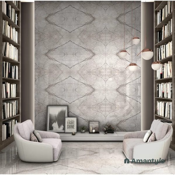 Grey Vitrified Marble Design Wall & Floor Tile Code 100088 (600x1200 mm, Polished Book Match)
