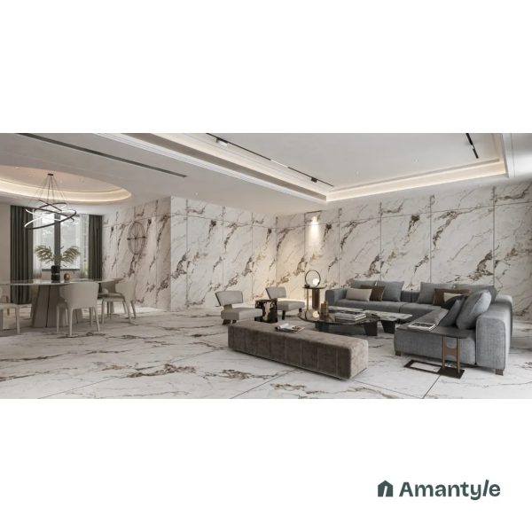 White Vitrified Marble Matt & Carving Slab Wall & Floor Tile Code 100569 (1200x2400 mm, Silk)